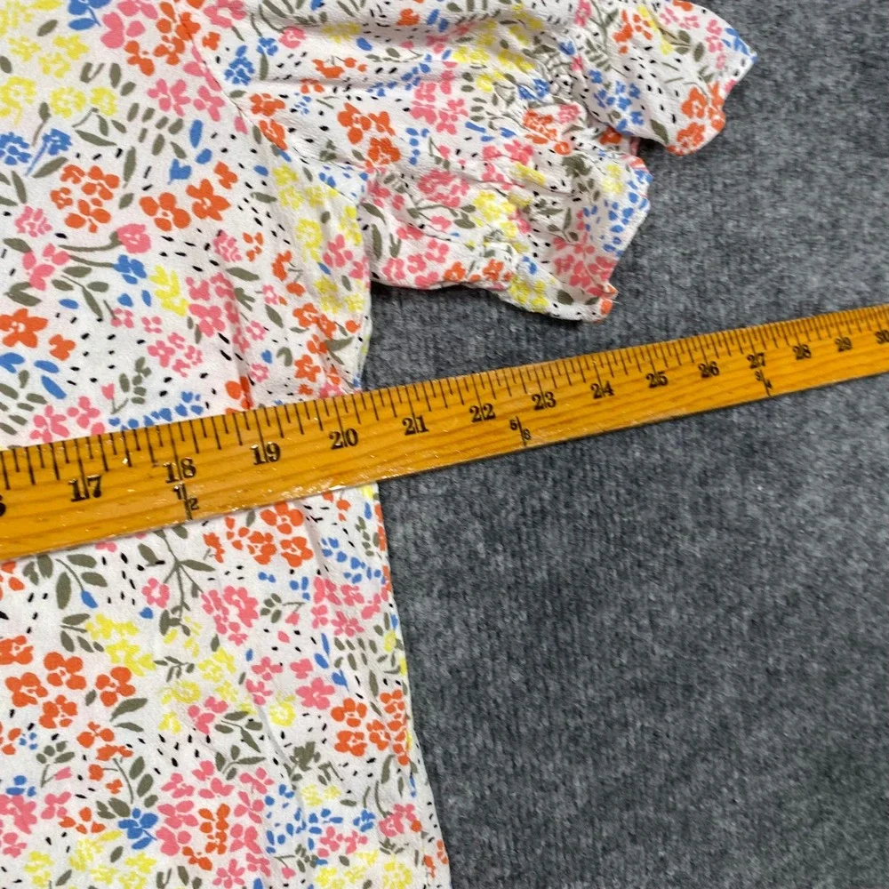 LOFT Womens Floral V-Neck Puff Sleeve Blouse White Multi Color Rayon Top Large